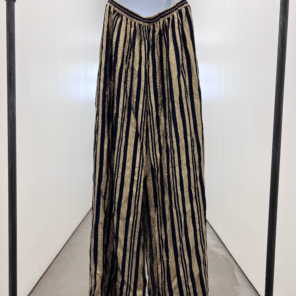 navy blue trousers with gold sequins